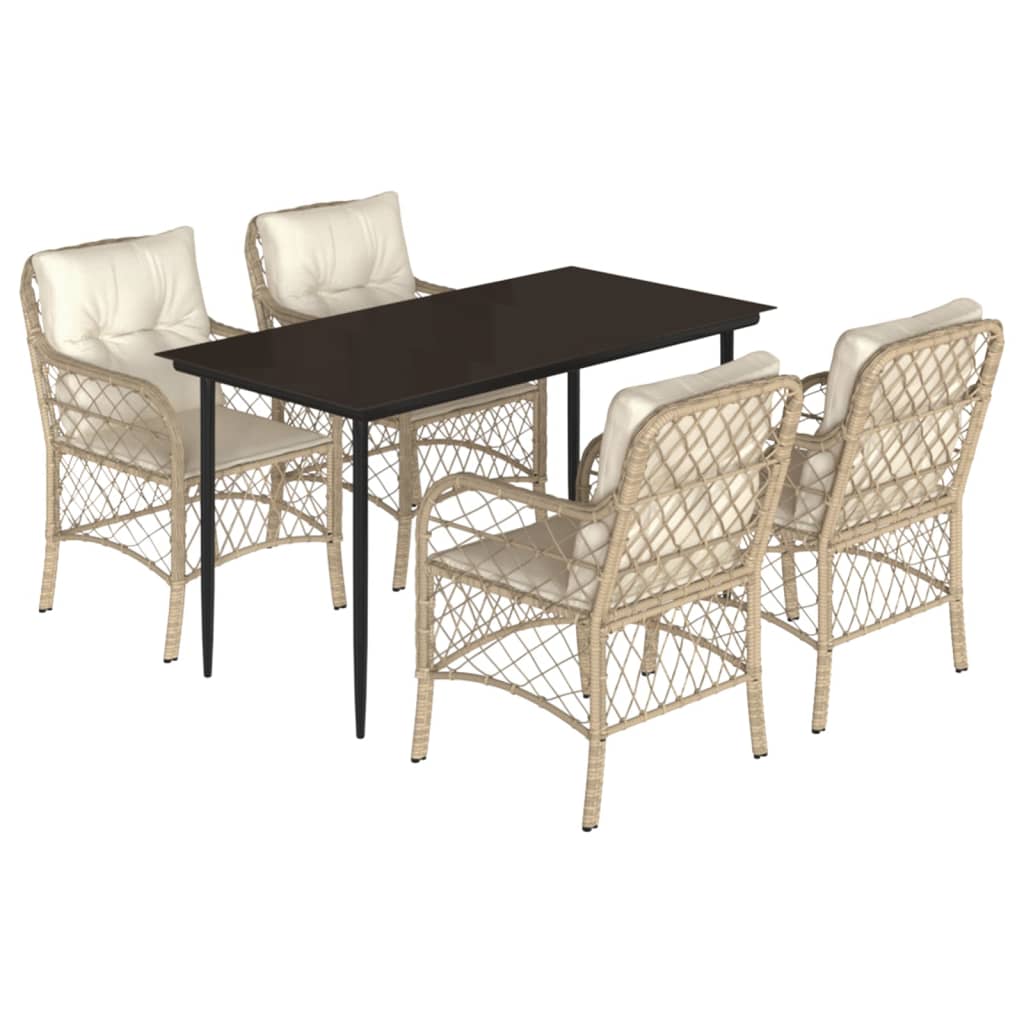 spisebordssæt til haven 5 dele med hynder polyrattan beige