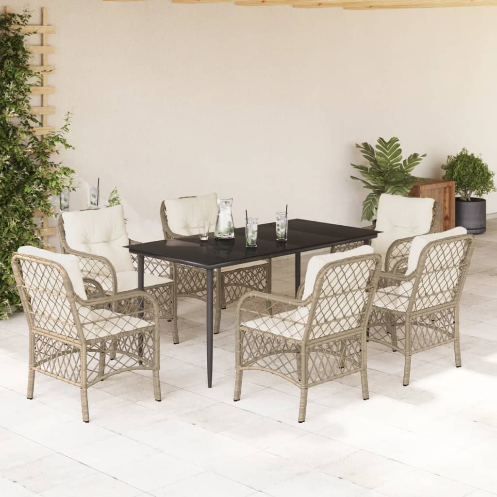 spisebordssæt til haven 7 dele med hynder polyrattan beige