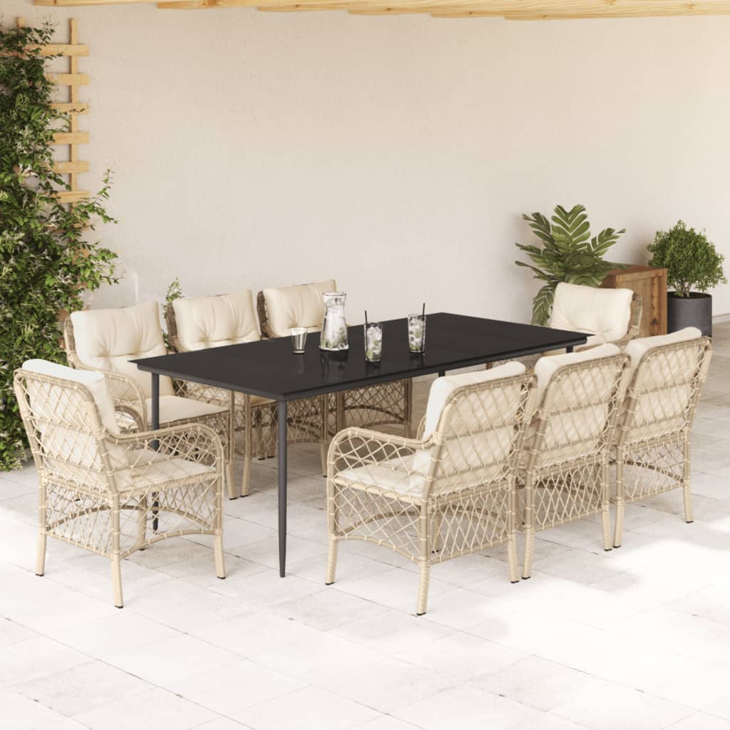 spisebordssæt til haven 9 dele med hynder polyrattan beige
