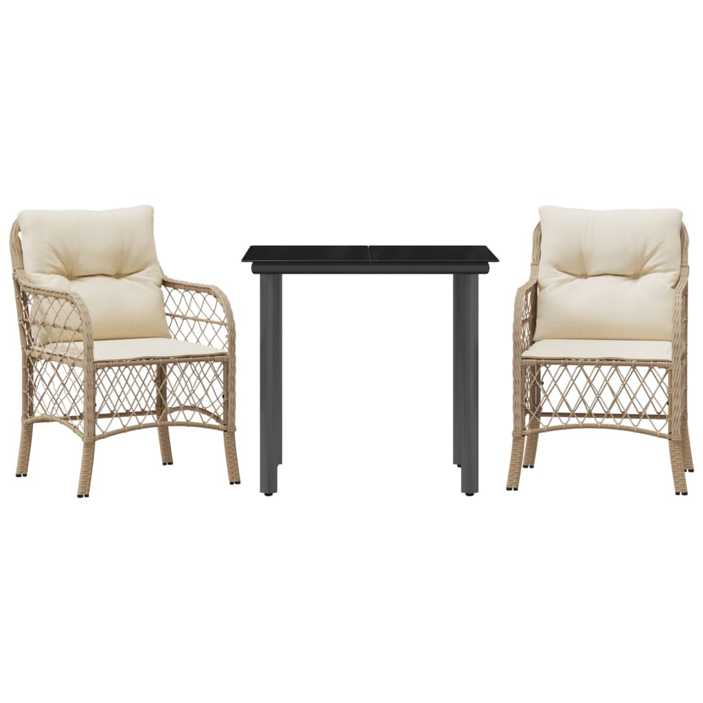 bistrosæt til haven 3 dele med hynder polyrattan beige