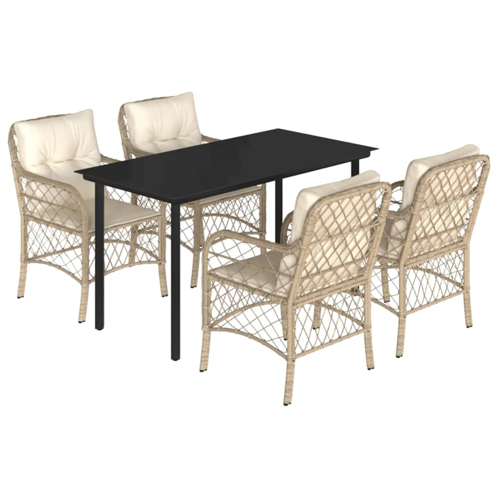 spisebordssæt til haven 5 dele med hynder polyrattan beige
