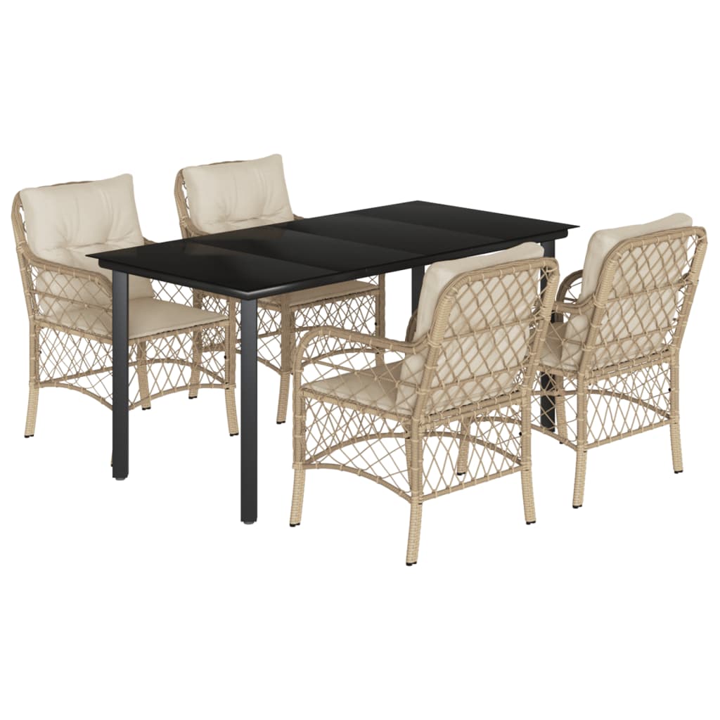 spisebordssæt til haven 5 dele med hynder polyrattan beige
