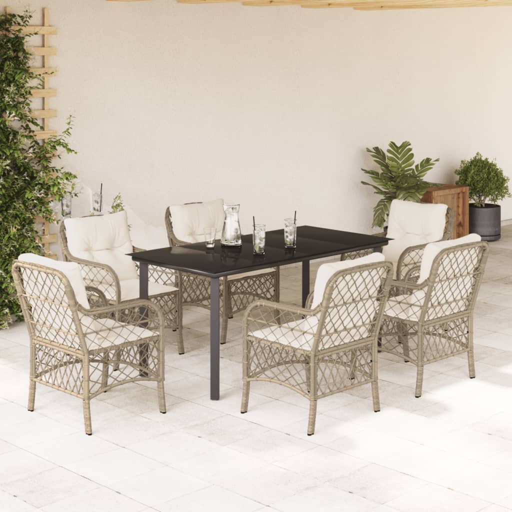 spisebordssæt til haven 7 dele med hynder polyrattan beige