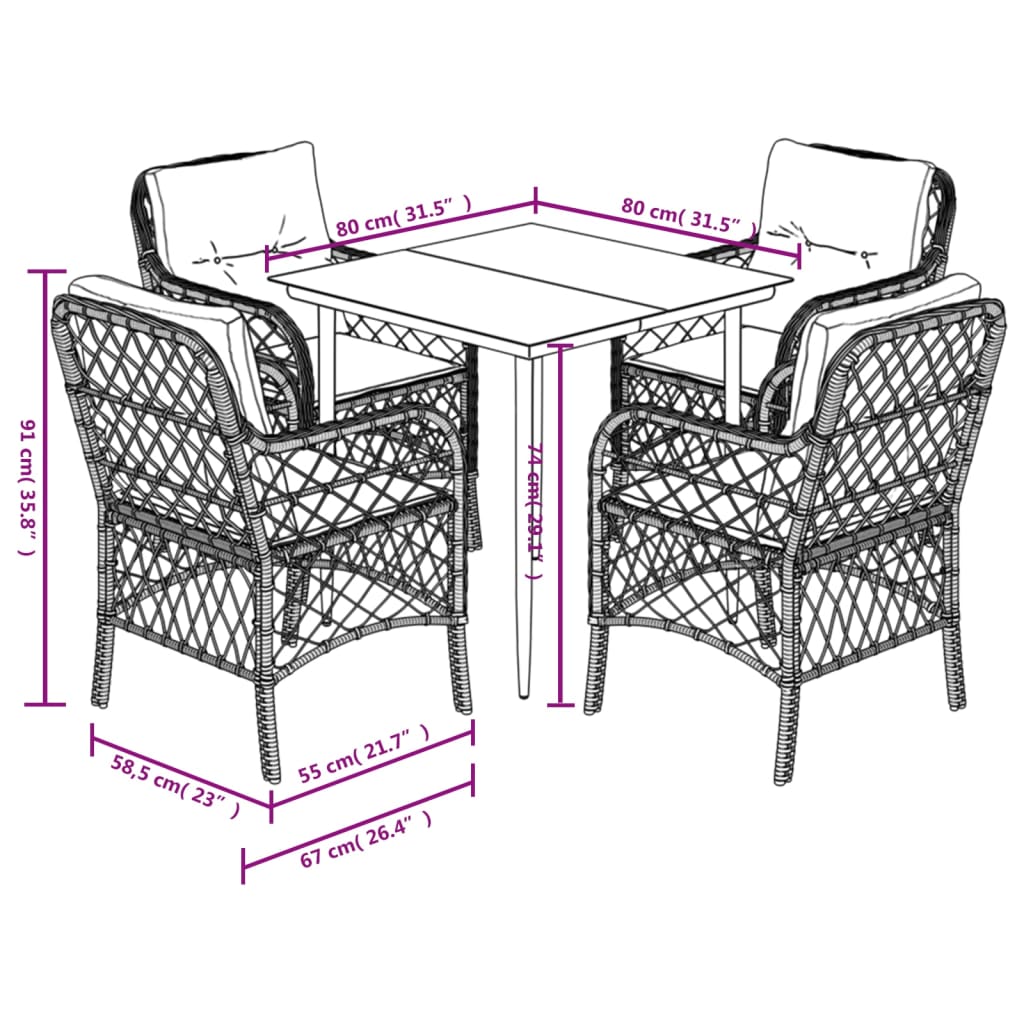 spisebordssæt til haven 5 dele med hynder polyrattan beige