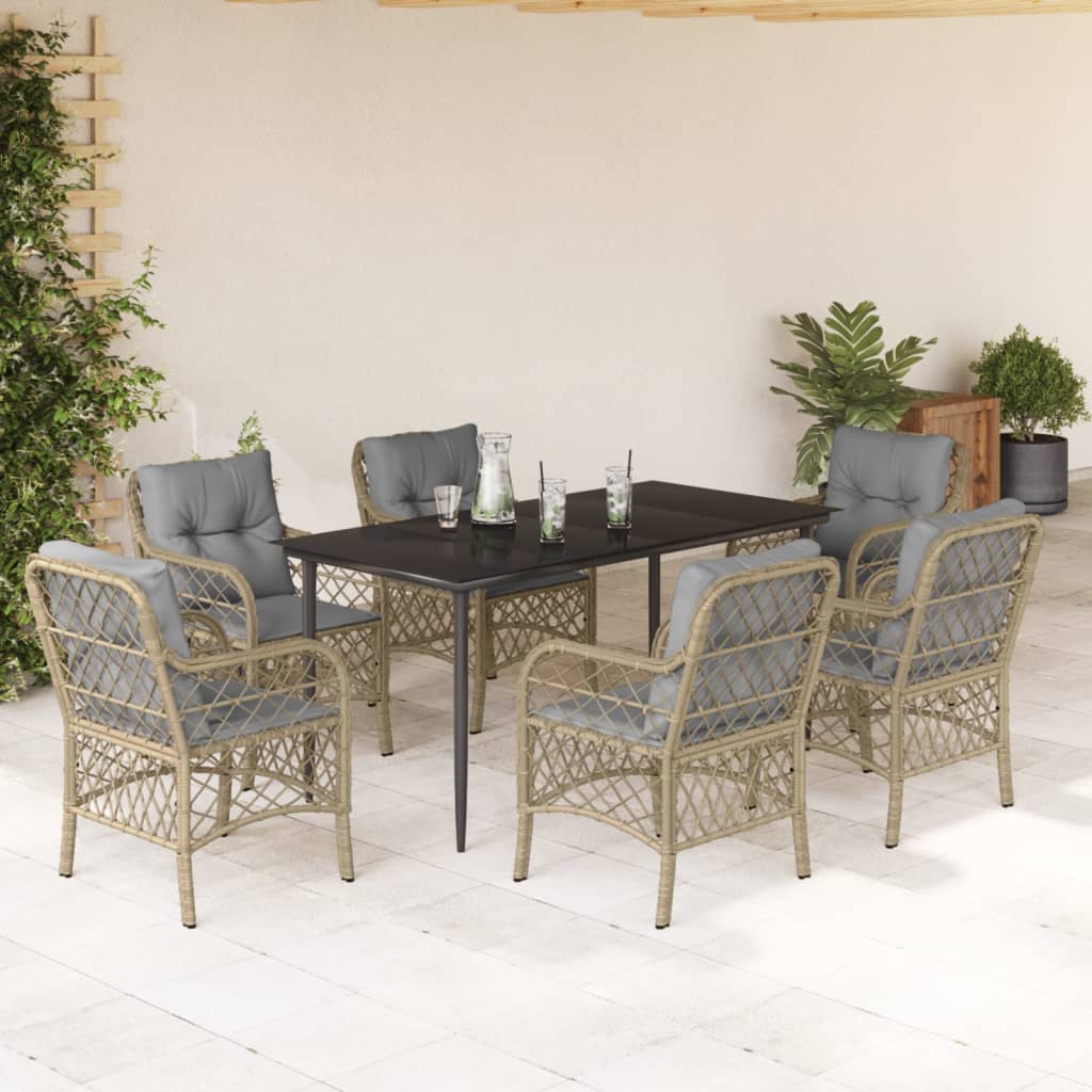 spisebordssæt til haven 7 dele med hynder polyrattan beige