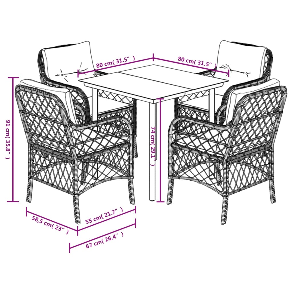 spisebordssæt til haven 5 dele med hynder polyrattan beige