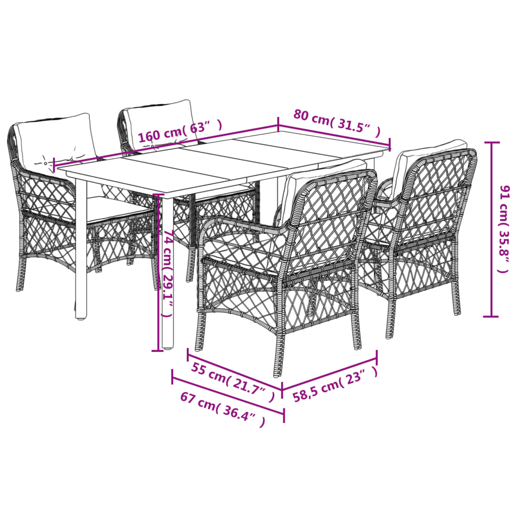 spisebordssæt til haven 5 dele med hynder polyrattan beige