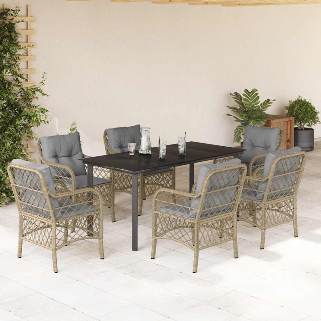 spisebordssæt til haven 7 dele med hynder polyrattan beige