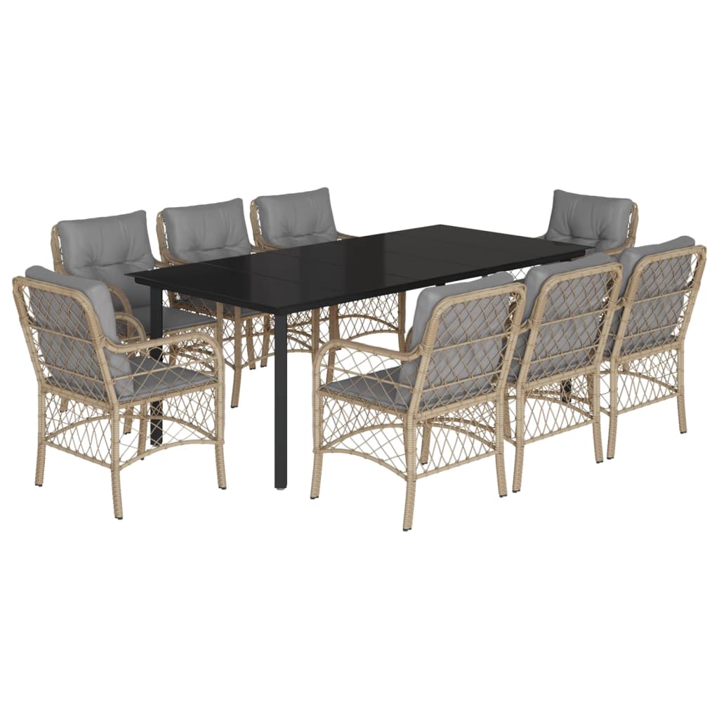 spisebordssæt til haven 9 dele med hynder polyrattan beige