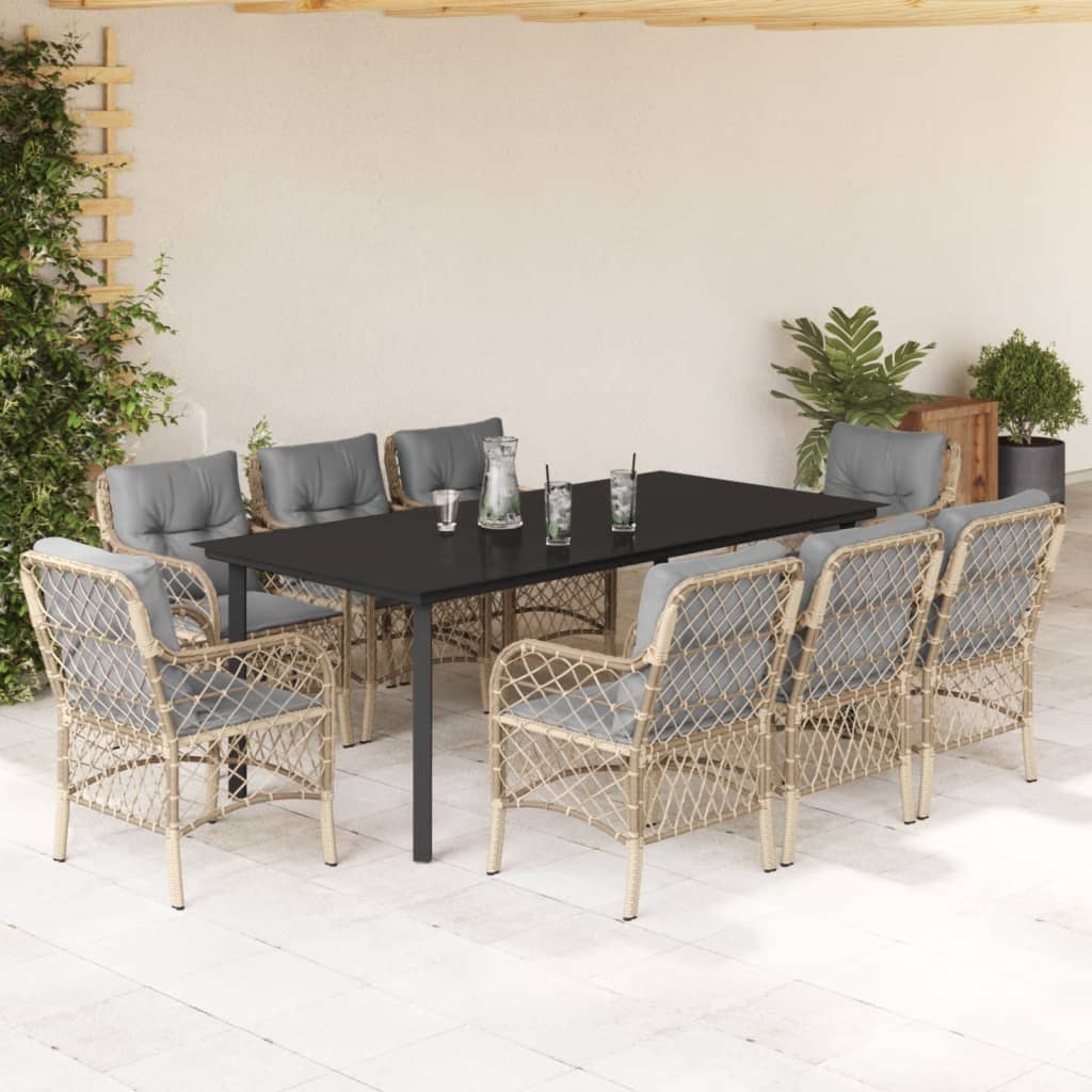 spisebordssæt til haven 9 dele med hynder polyrattan beige