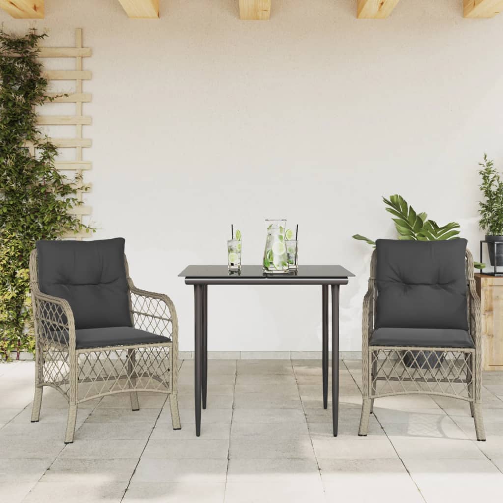 bistrosæt til haven 3 dele med hynder polyrattan lysegrå