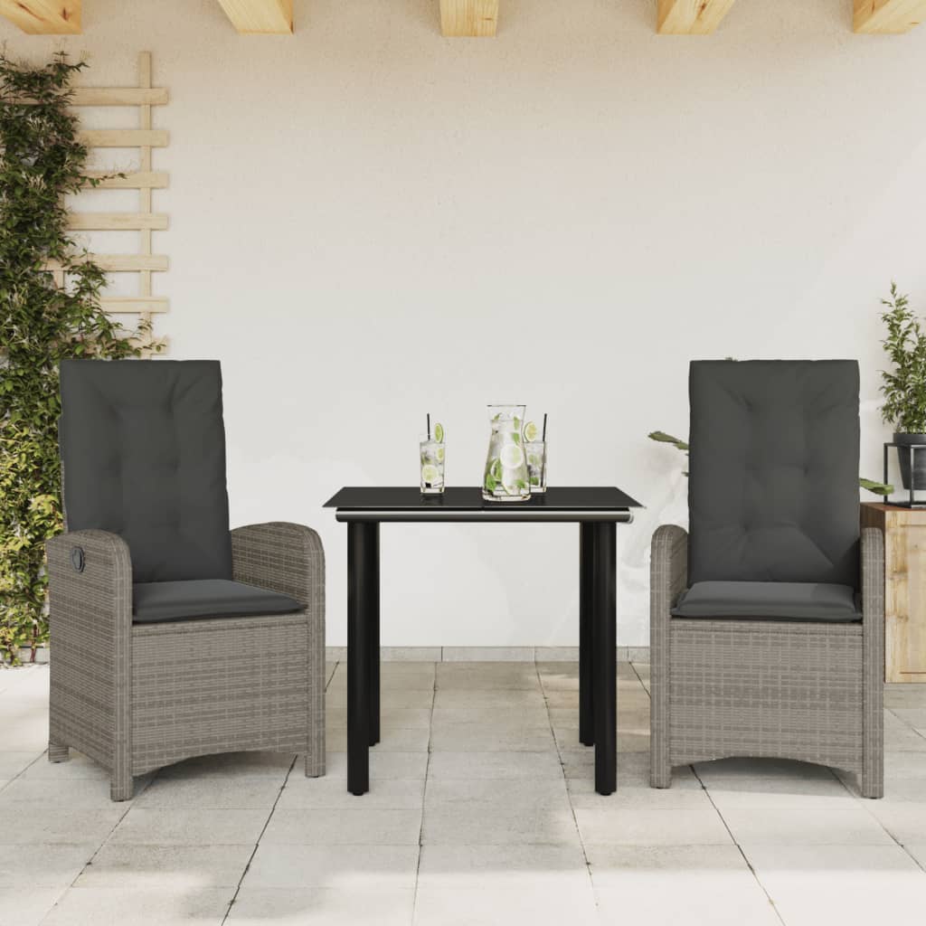 spisebordssæt til haven 3 dele med hynder polyrattan grå