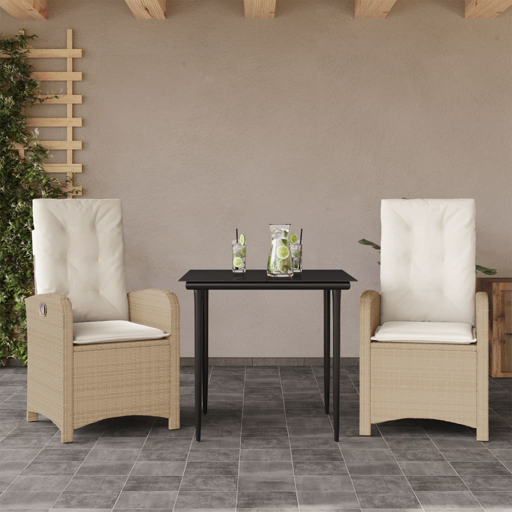 spisebordssæt til haven 3 dele med hynder polyrattan beige