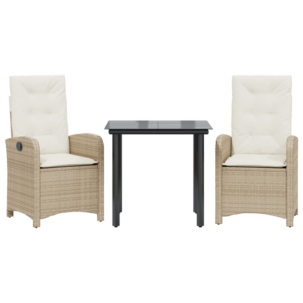 spisebordssæt til haven 3 dele med hynder polyrattan beige