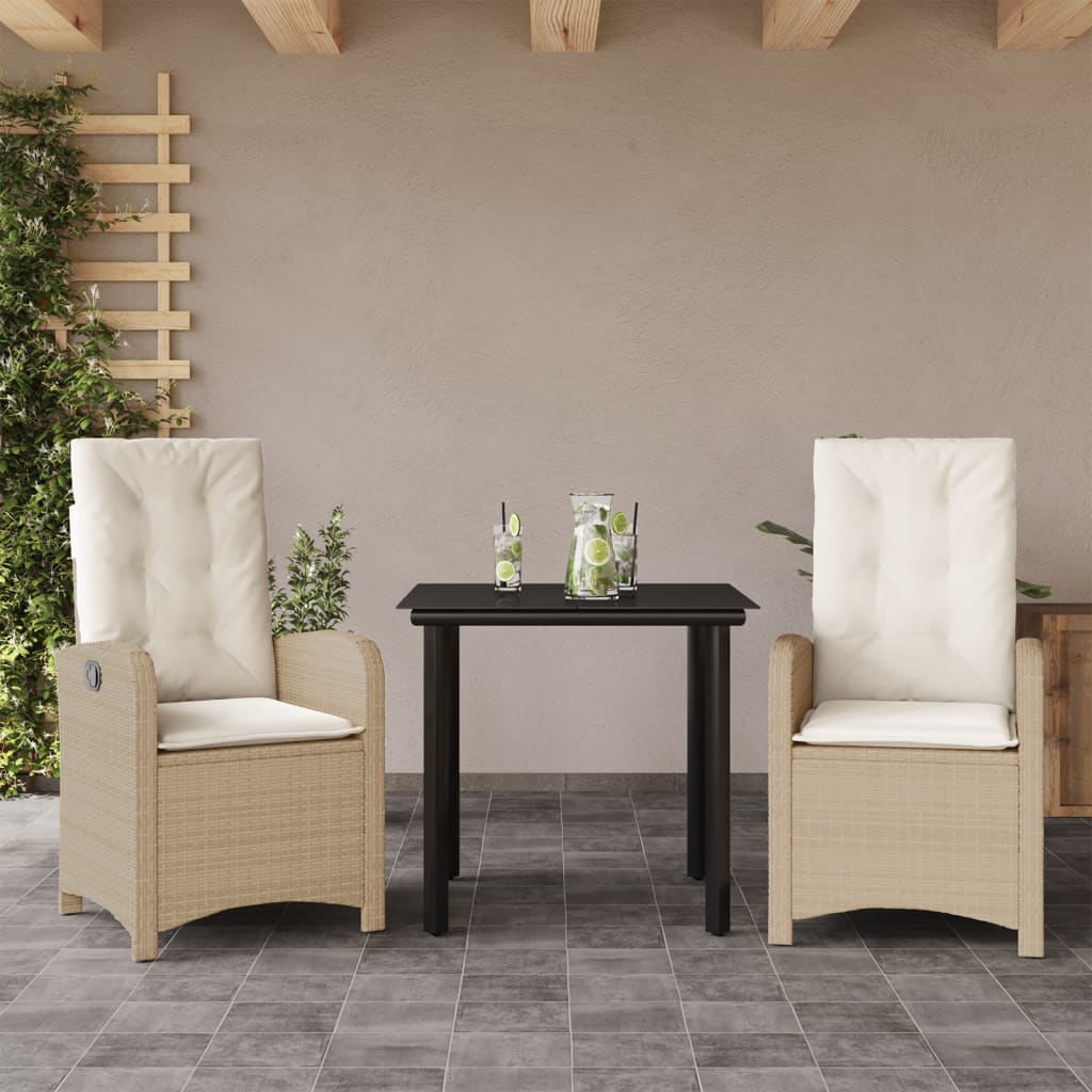 spisebordssæt til haven 3 dele med hynder polyrattan beige