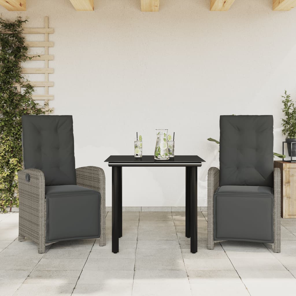 bistrosæt til haven 3 dele med hynder polyrattan grå