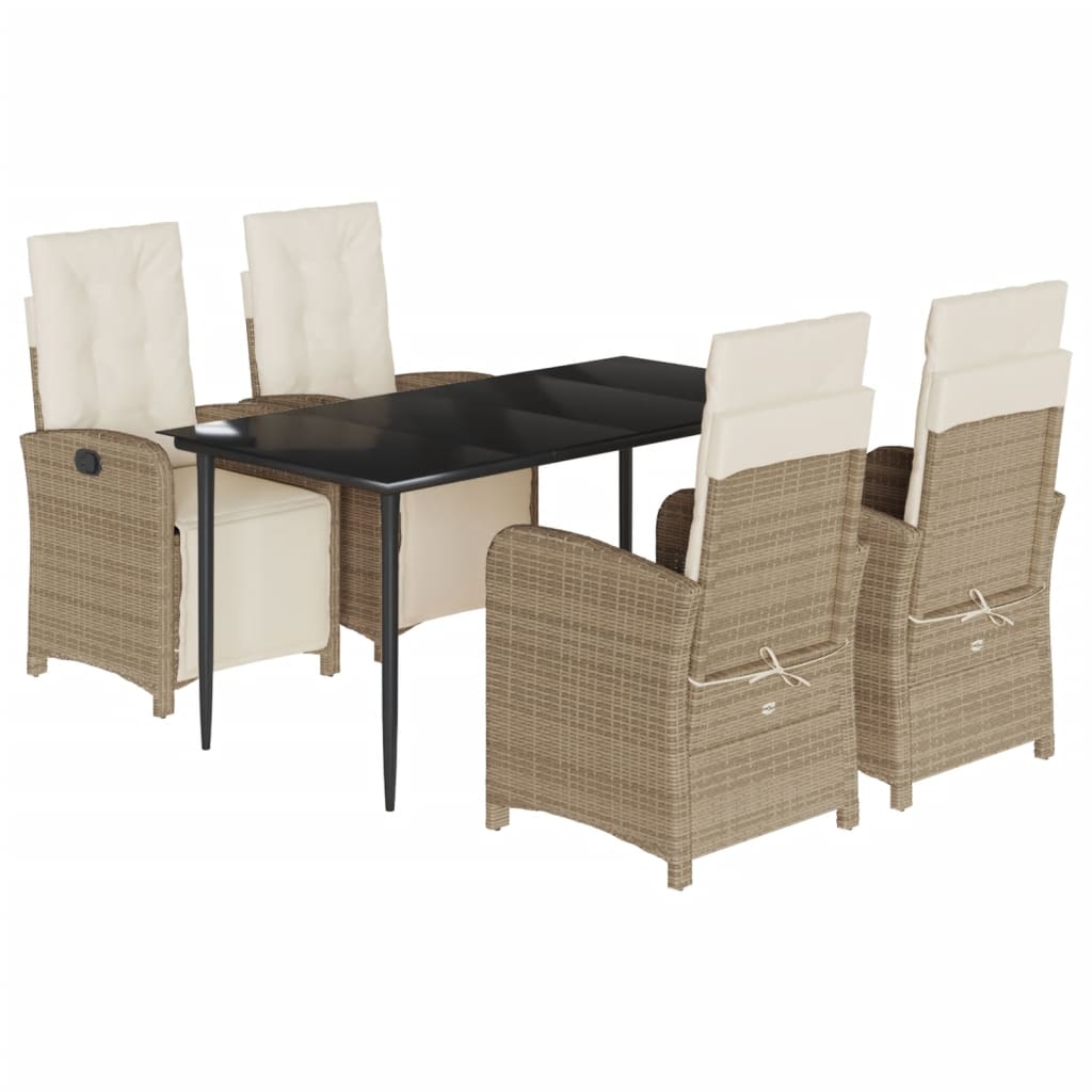 spisebordssæt til haven 5 dele med hynder polyrattan beige