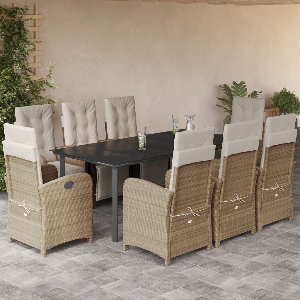 spisebordssæt til haven 9 dele med hynder polyrattan beige