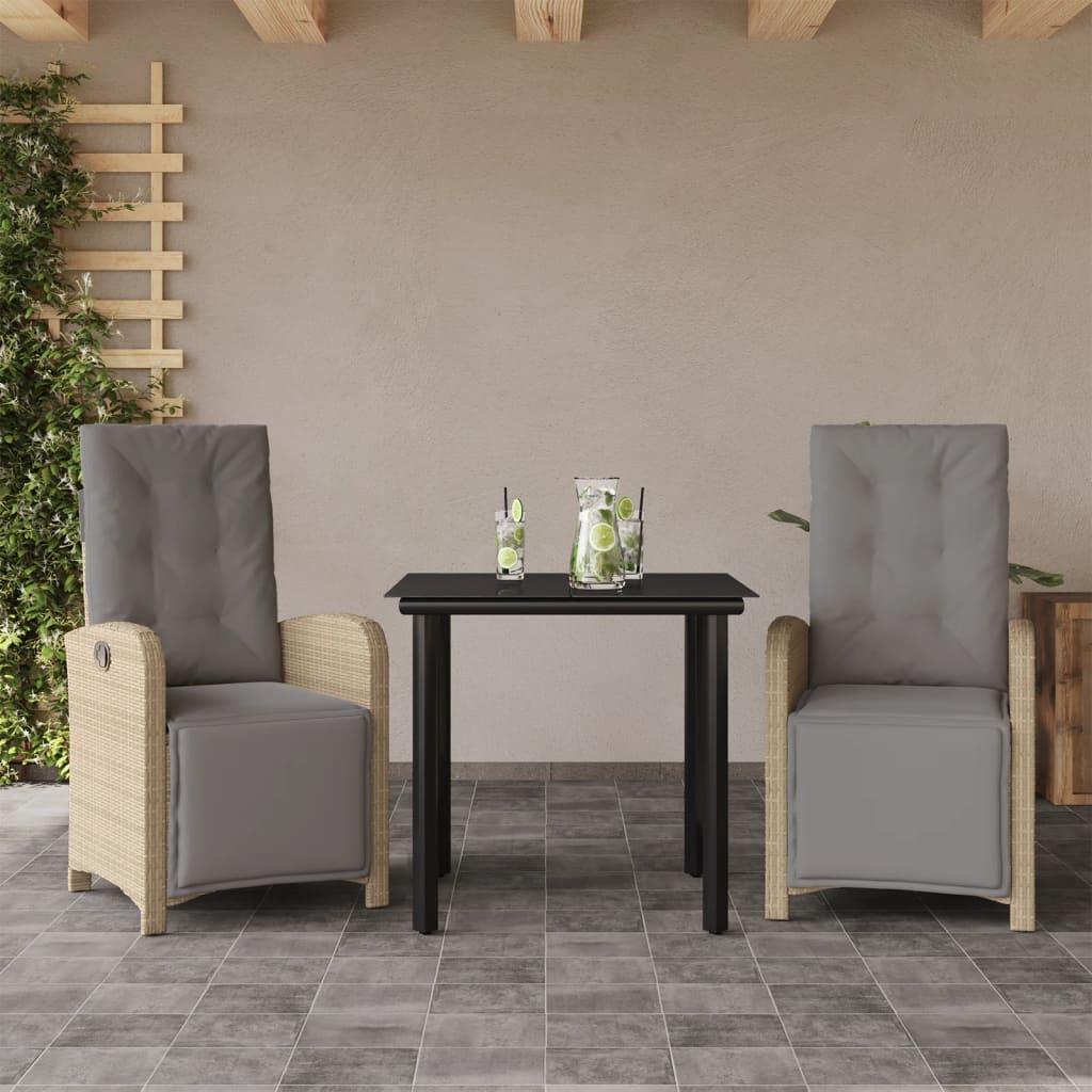 bistrosæt til haven 3 dele med hynder polyrattan beige
