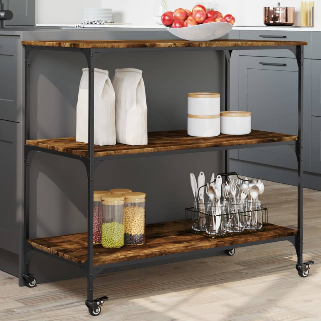 køkkenvogn 102x50x95 cm konstrueret træ røget egetræsfarve