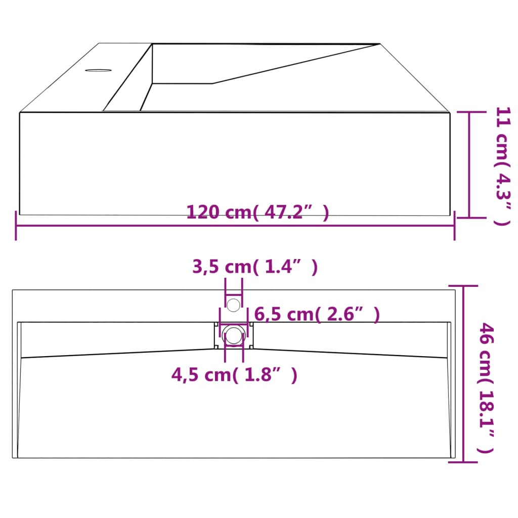 håndvask 120x46x11 cm mineralstøbt/marmorstøbt matsort