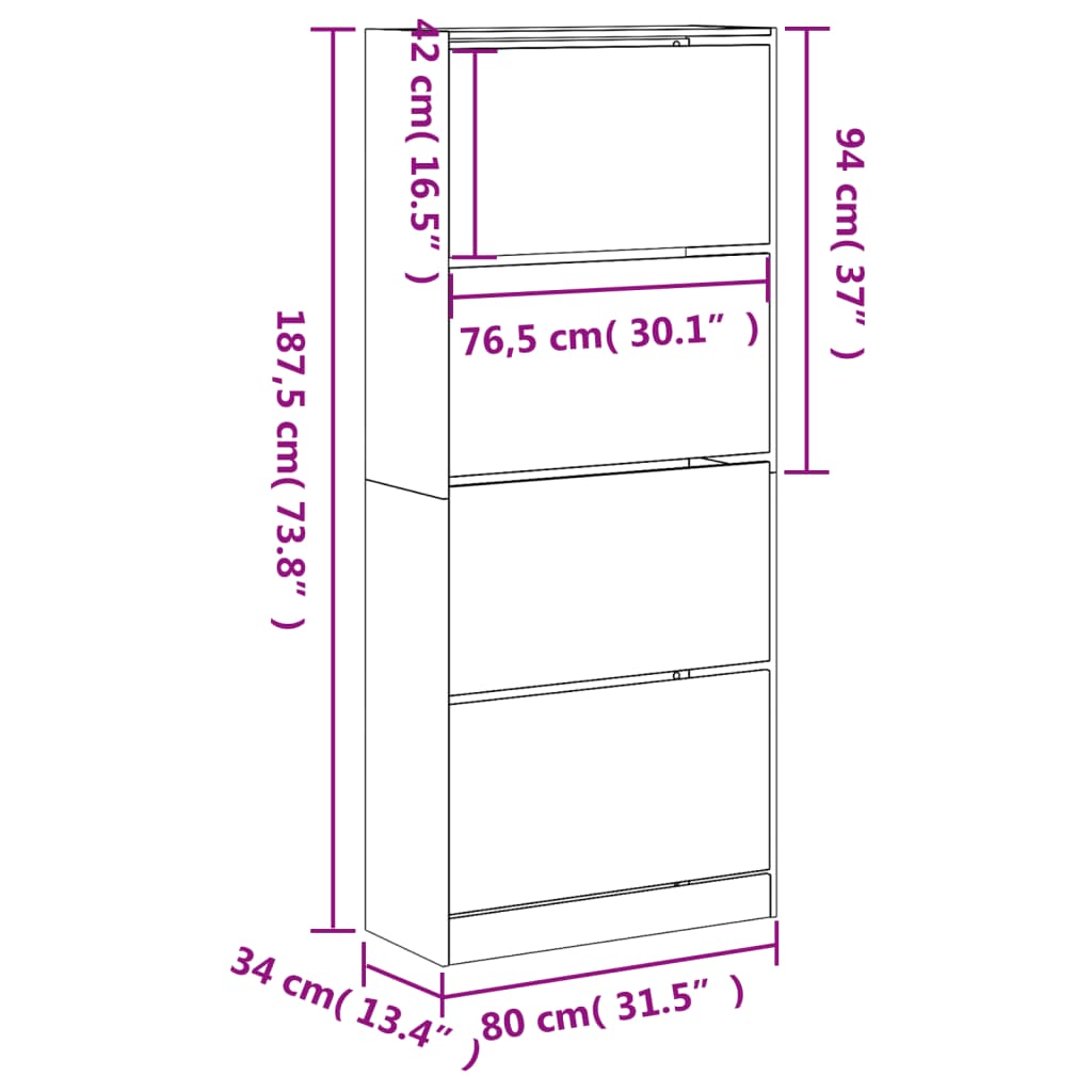 skoskab med 4 vippeskuffer 80x34x187,5 cm sonoma-eg
