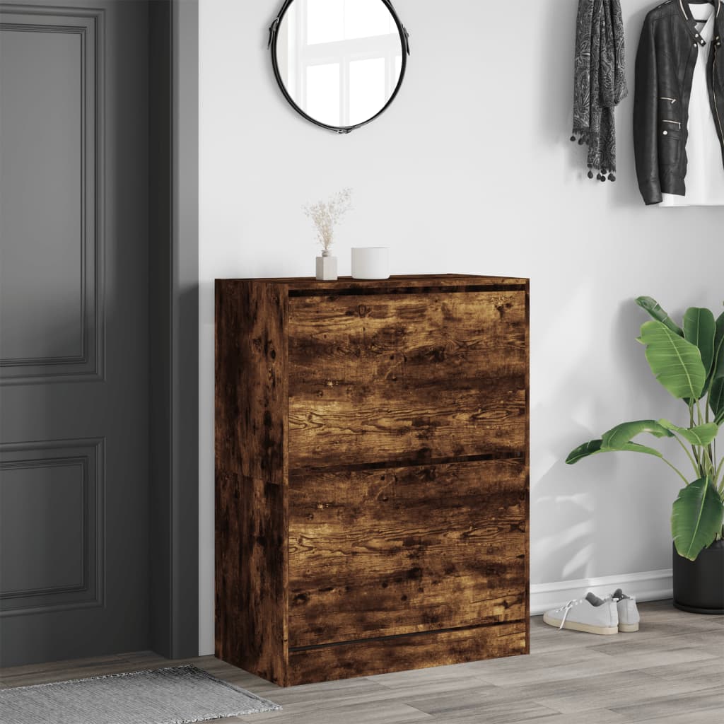 skoskab med 2 vippeskuffer 80x42x108 cm røget egetræsfarve