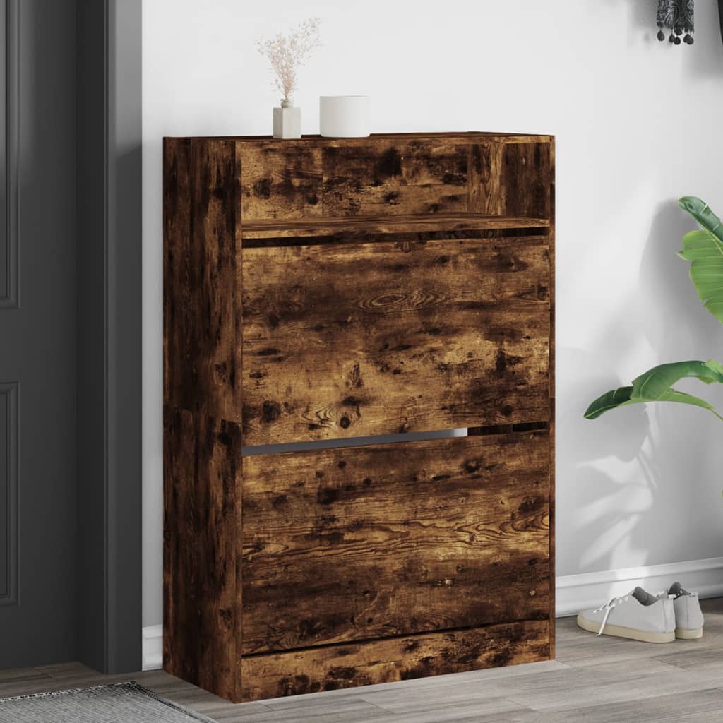 skoskab med 2 vippeskuffer 80x34x116 cm røget egetræsfarve
