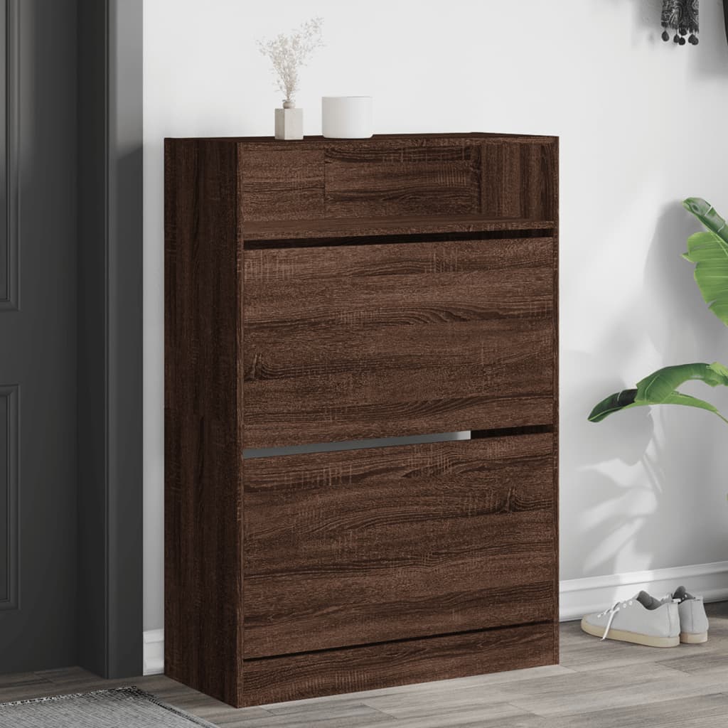 skoskab med 2 vippeskuffer 80x34x116 cm brun egetræsfarve