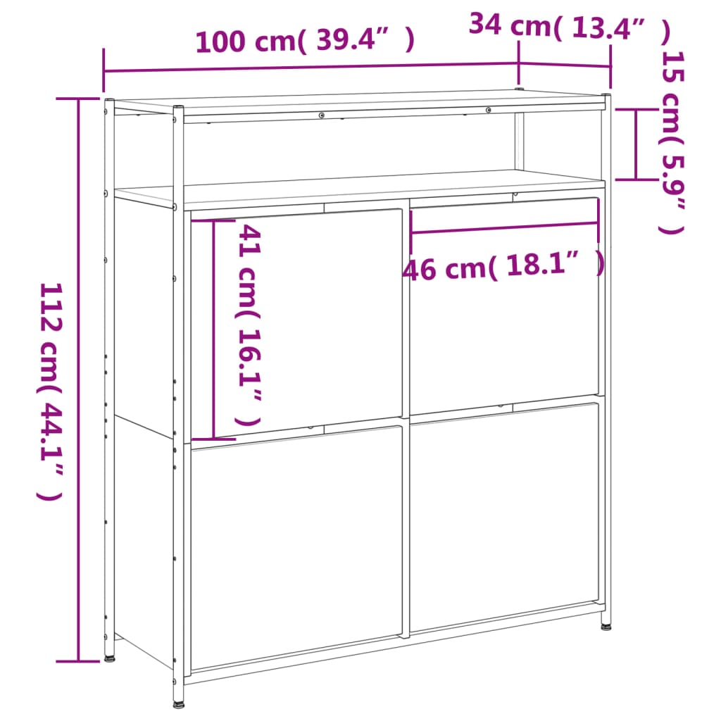 skoskab med 4 vippeskuffer 100x34x112 cm sonoma-eg