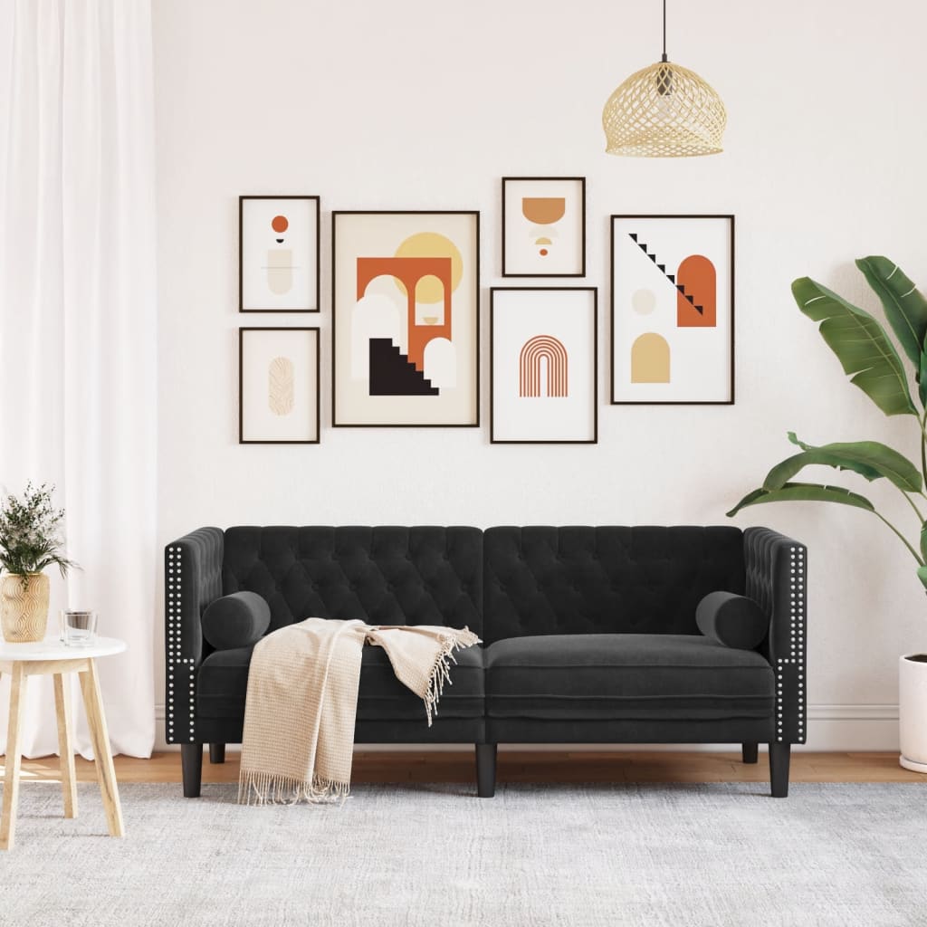 2-personers Chesterfield-sofa med bolsterpuder fløjl sort