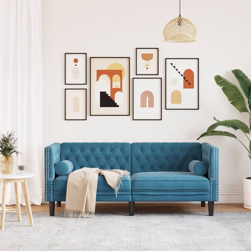2-personers Chesterfield-sofa med bolsterpuder fløjl blå