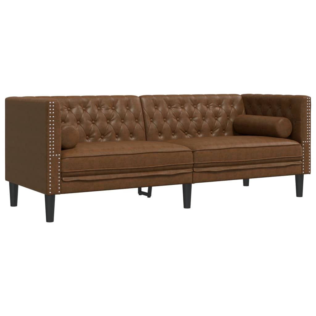 3-personers Chesterfield-sofa med puder imiteret ruskind brun