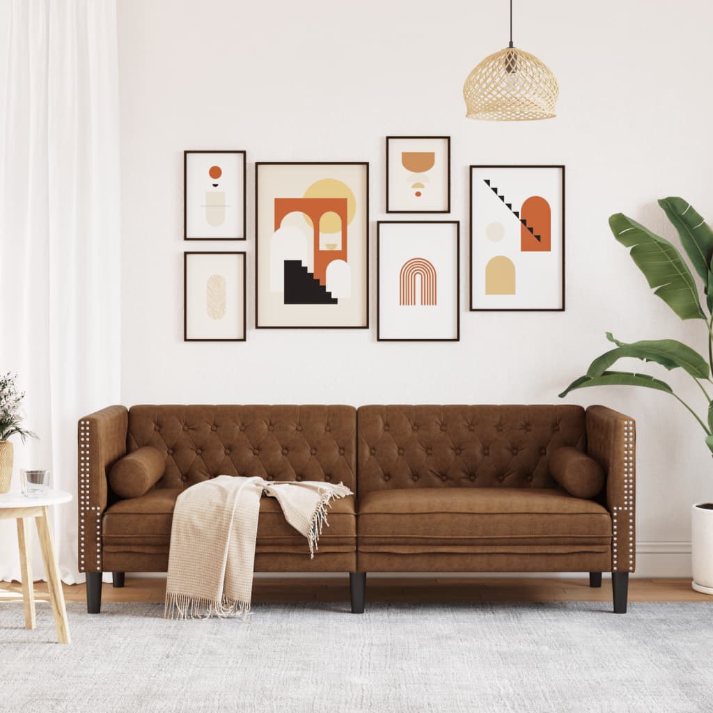 3-personers Chesterfield-sofa med puder imiteret ruskind brun