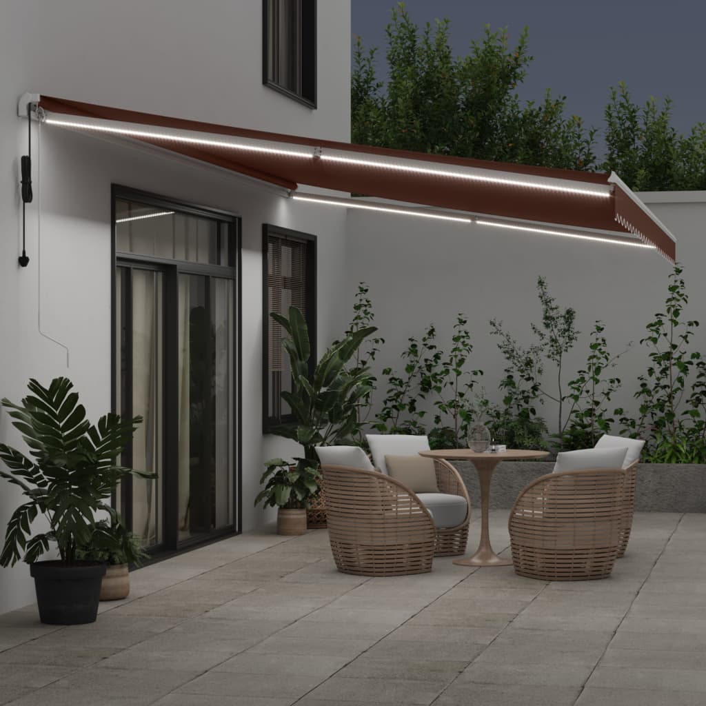 markise med LED-lys 600x350 cm automatisk betjening brun