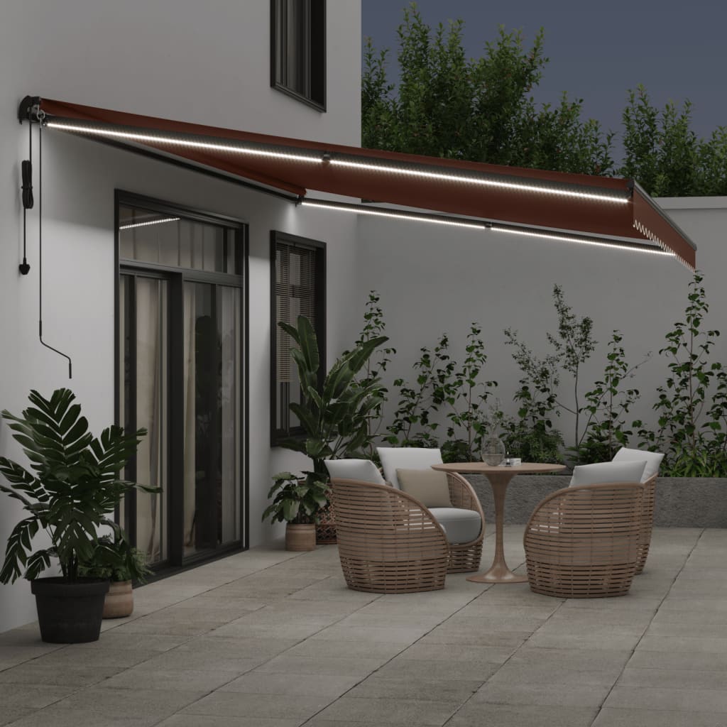 markise med LED-lys 600x350 cm automatisk betjening brun