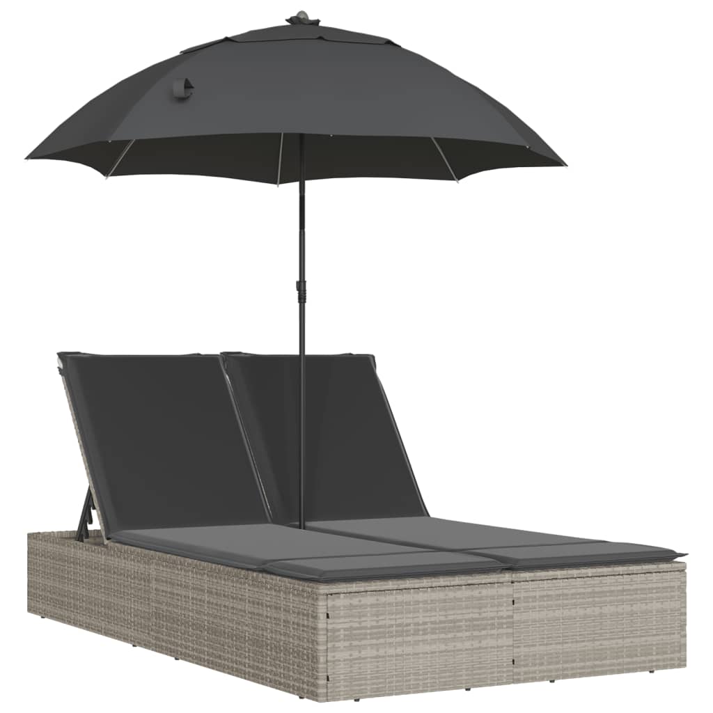 dobbelt loungesofa med hynder og parasol polyrattan lysegrå