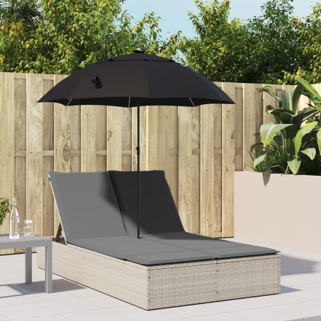 dobbelt loungesofa med hynder og parasol polyrattan lysegrå