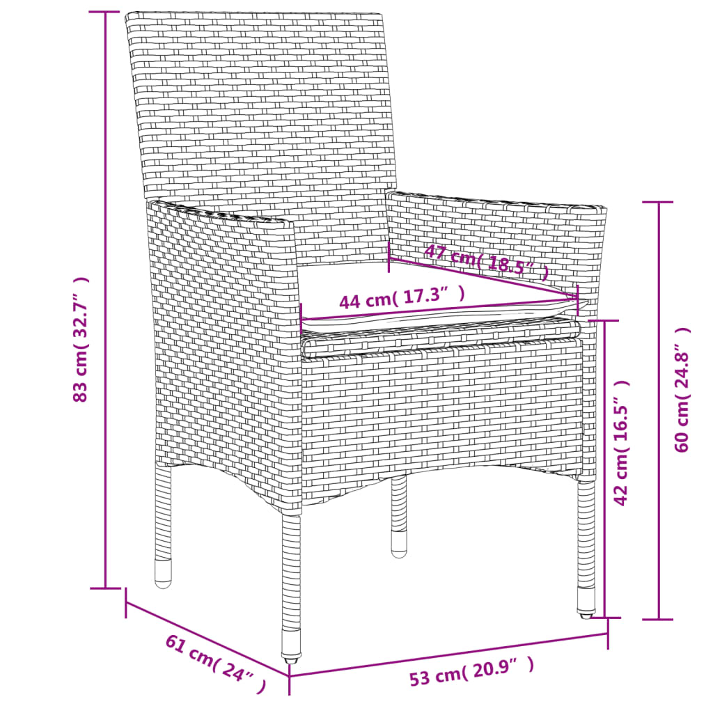 havestole med hynder 2 stk. polyrattan brun
