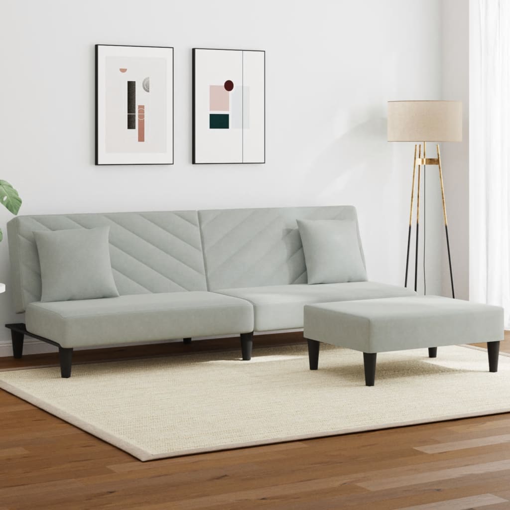 sofasæt 2 dele med puder velour lysegrå