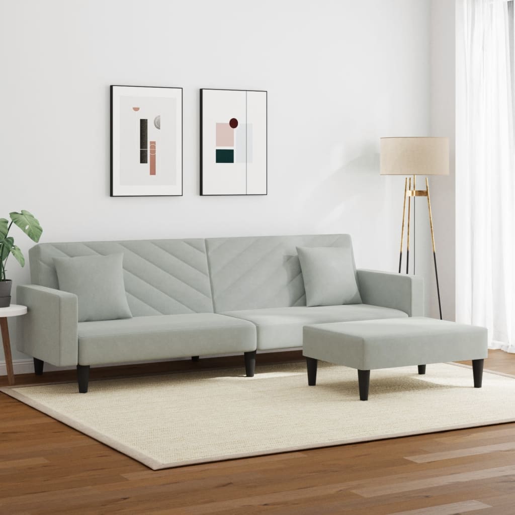 sofasæt 2 dele med puder velour lysegrå