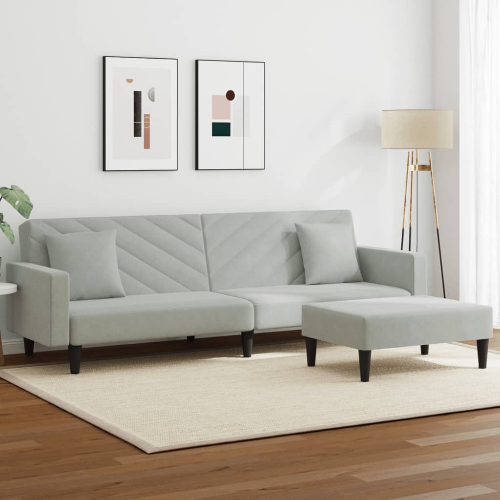 sofasæt 2 dele med puder velour lysegrå