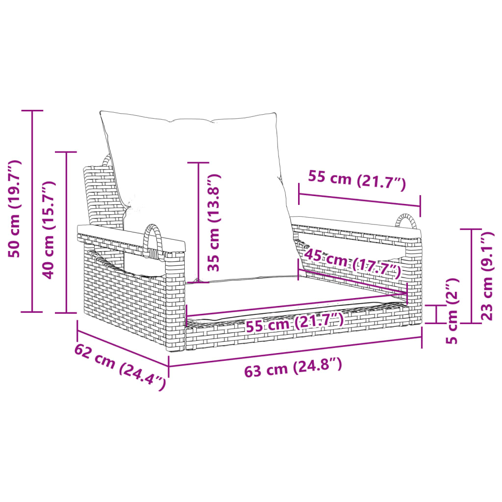 gyngebænk med hynder 63x62x40 cm polyrattan grå