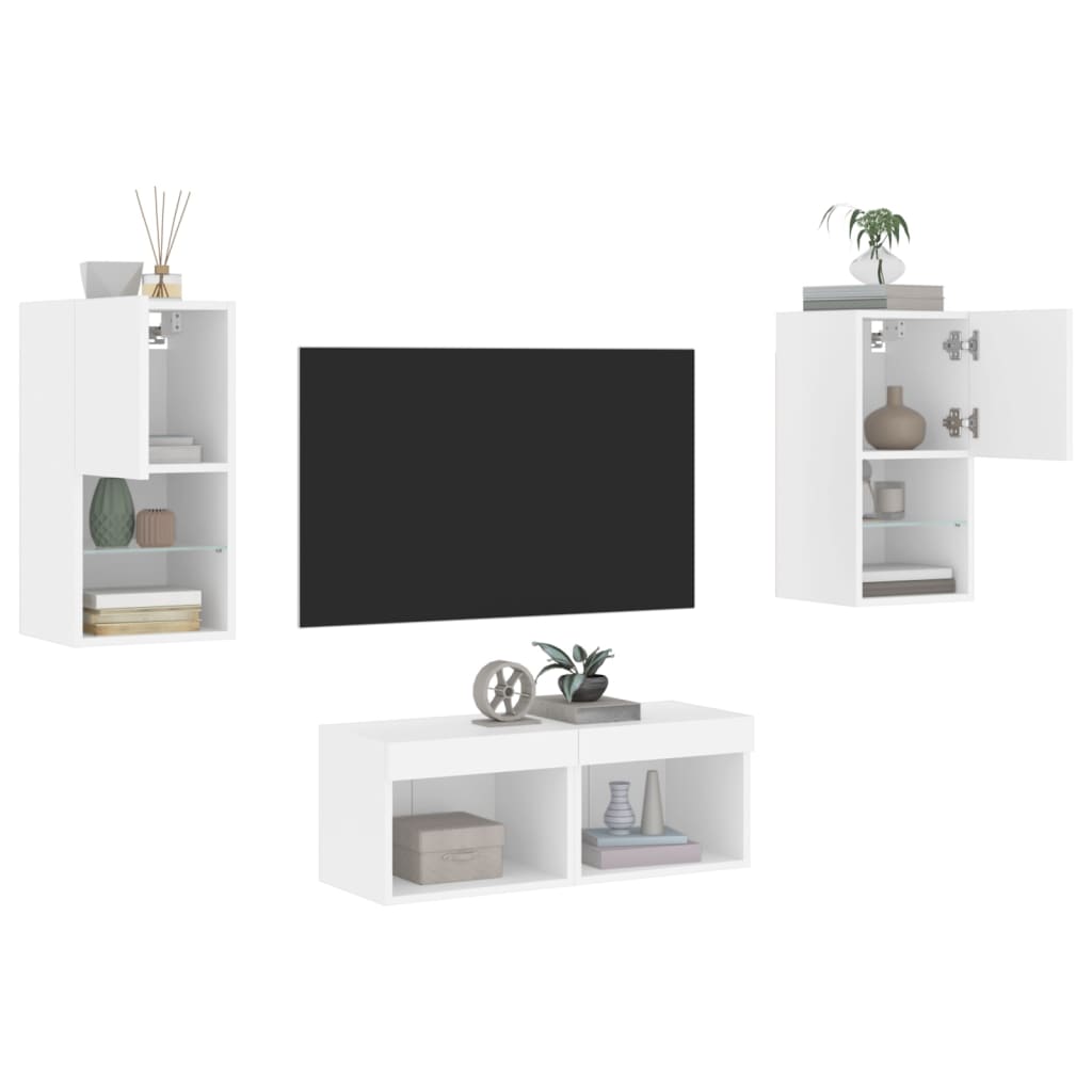 tv-møbel til væg med LED-lys 4 dele konstrueret træ hvid