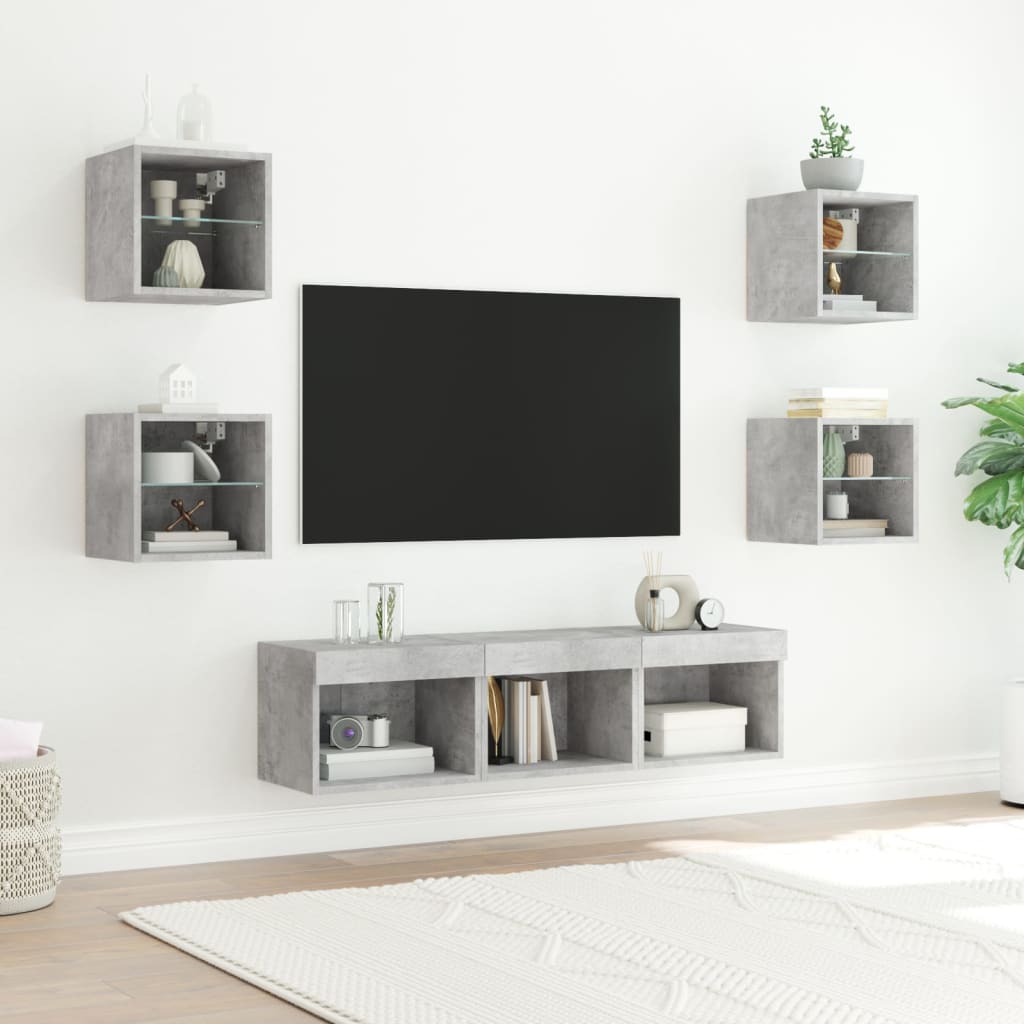 tv-møbel til væg 7 dele med LED-lys konstrueret træ betongrå