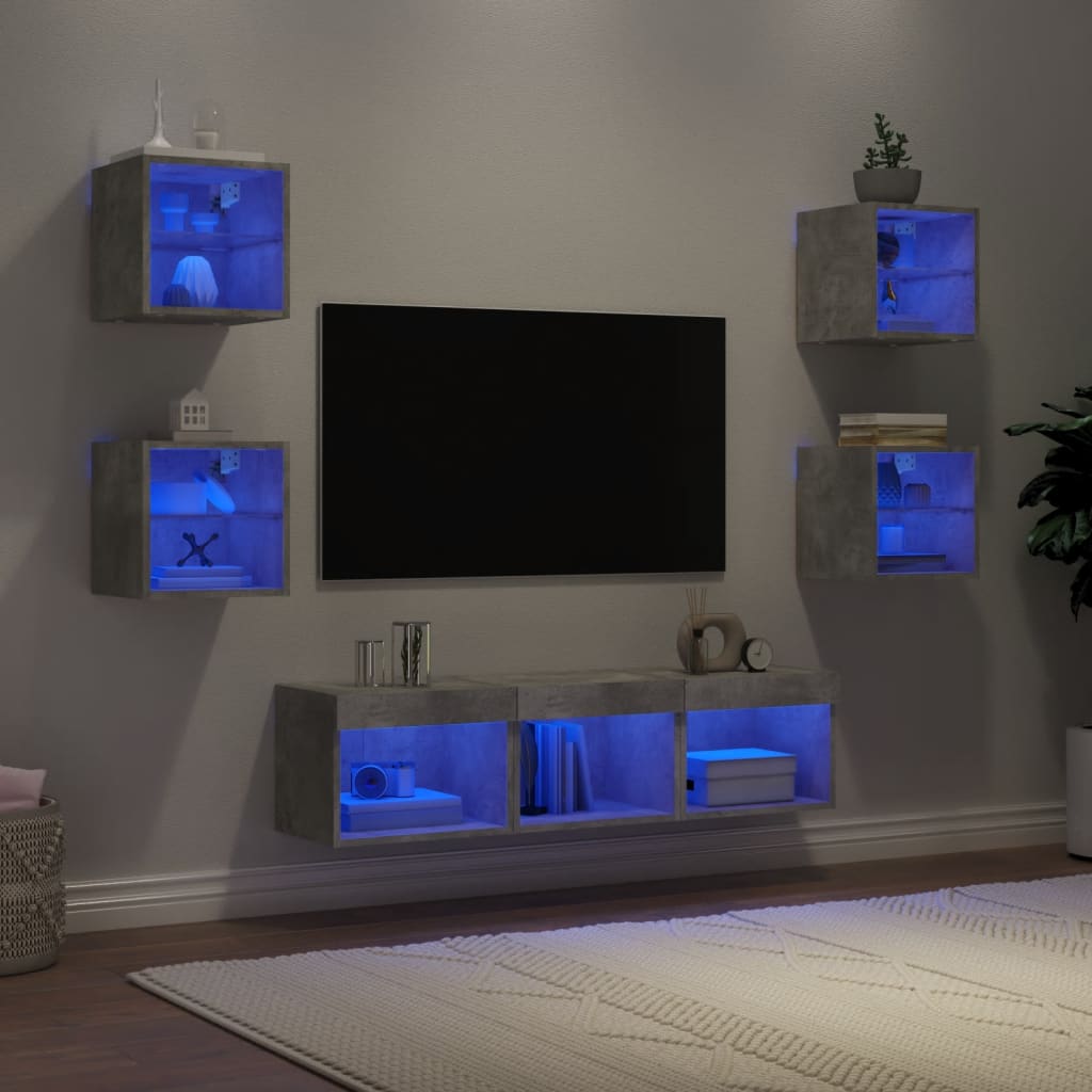 tv-møbel til væg 7 dele med LED-lys konstrueret træ betongrå