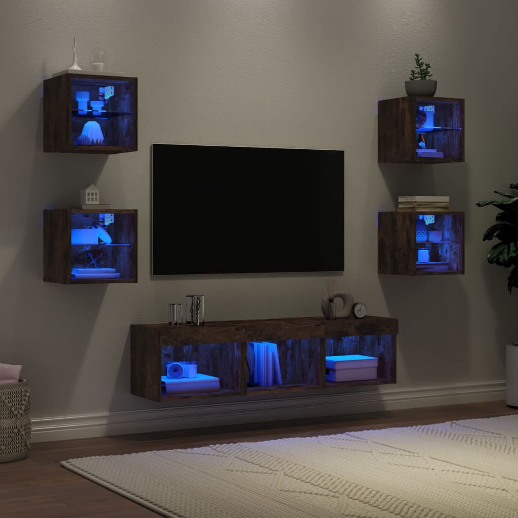 tv-møbel til væg 7 dele med LED-lys konstrueret træ røget eg