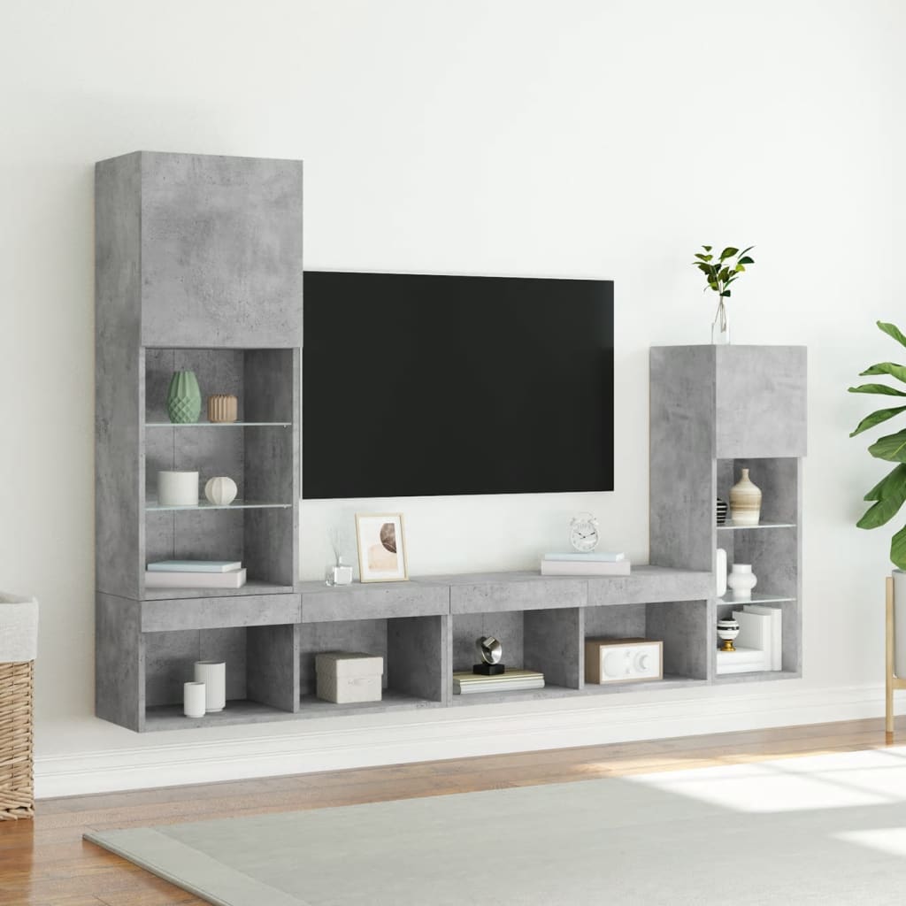 tv-møbel til væg 4 dele med LED-lys konstrueret træ betongrå