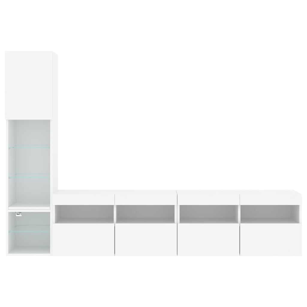 tv-møbel til væg 4 dele med LED-lys konstrueret træ hvid
