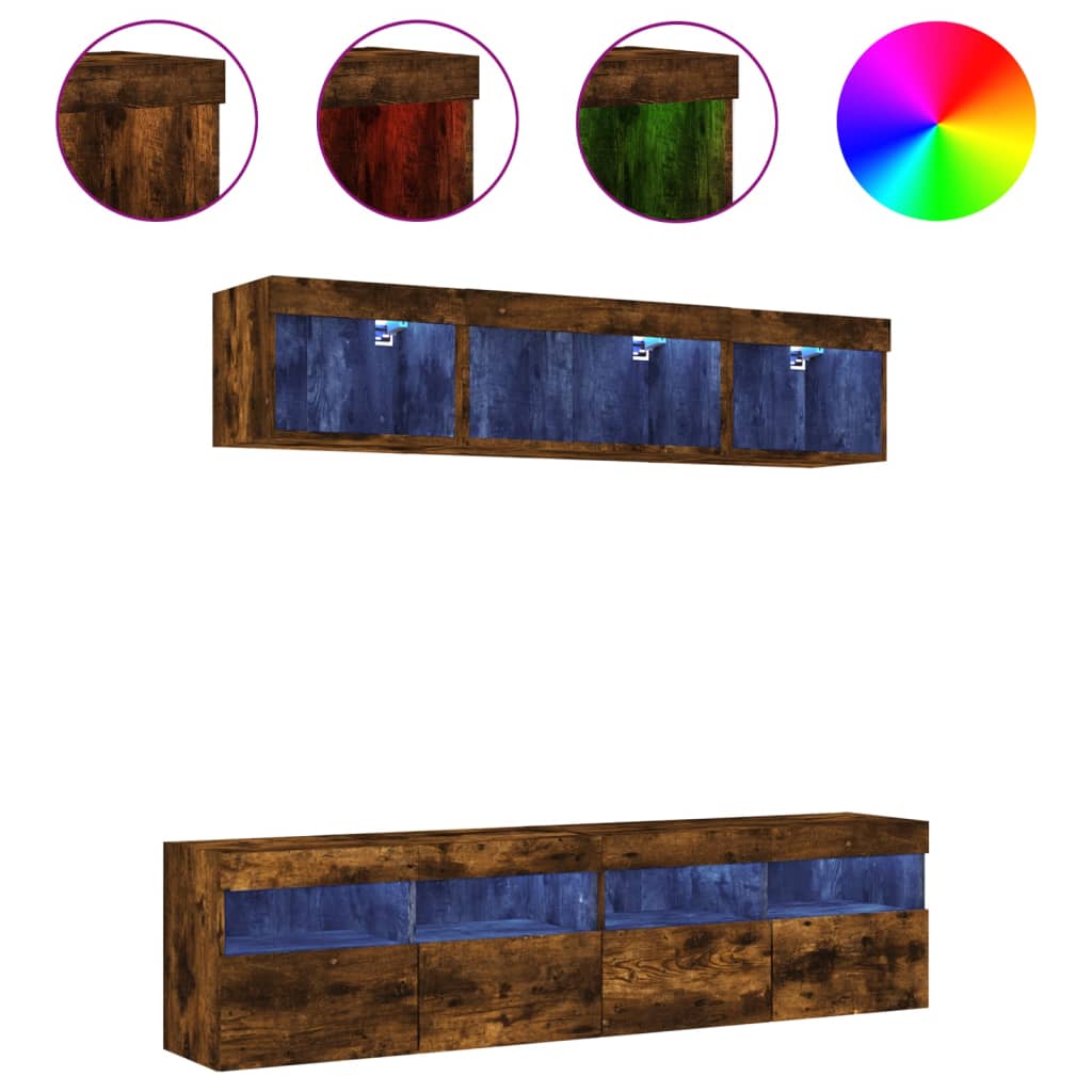 tv-møbel til væg 5 dele med LED-lys konstrueret træ røget eg